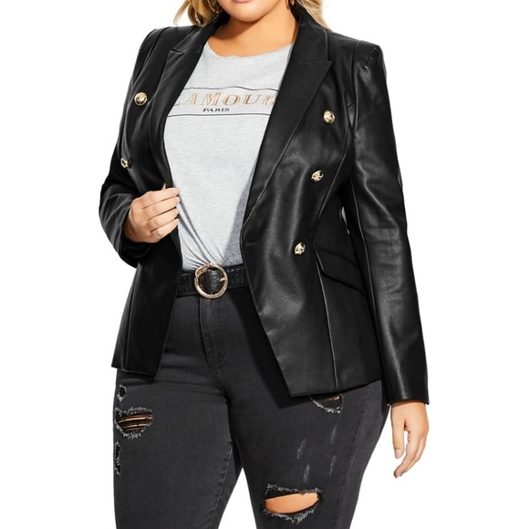 City Chic Black Faux Leather Royalty Double Breasted Blazer Size XL 22 NWT Edgy - Picture 1 of 13